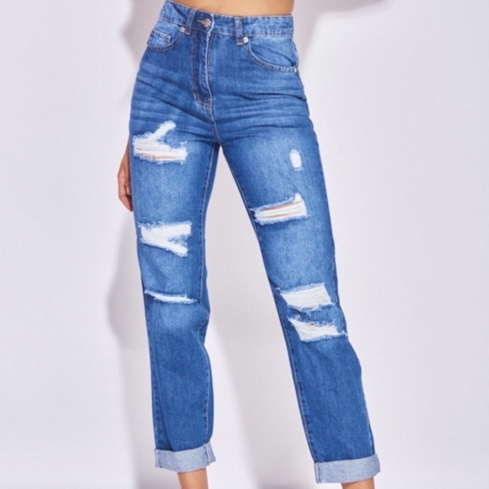 Multi Rip Turn Up Hem Boyfriend Jeans Dark Blue NWT